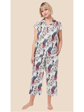 The Cat's Pajamas Peacock Print Pajama Set Size Medium White Multicolor